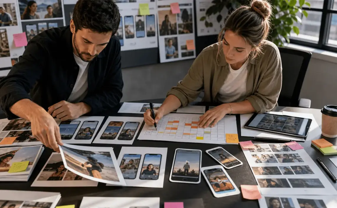Photoreal editorial image about ad fatigue and media teams fighting creative wear-out