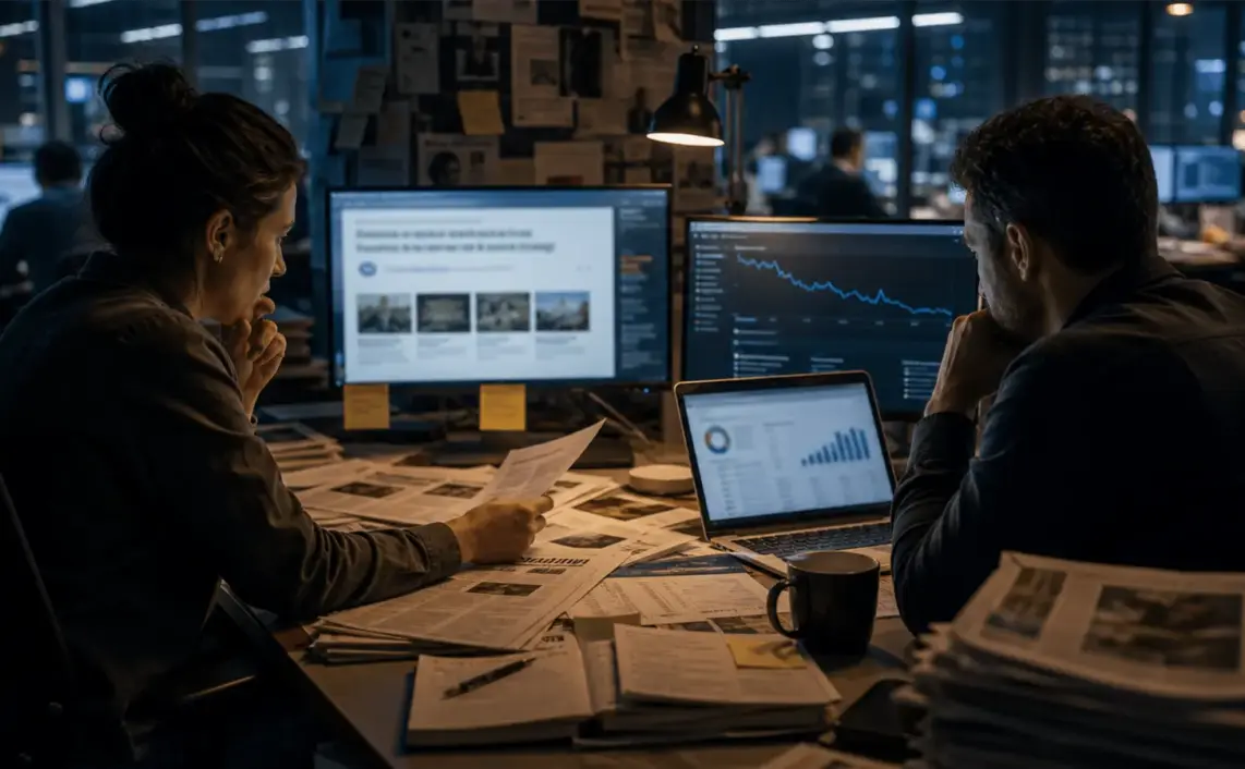 Photoreal editorial image about AI discovery pressuring publisher economics
