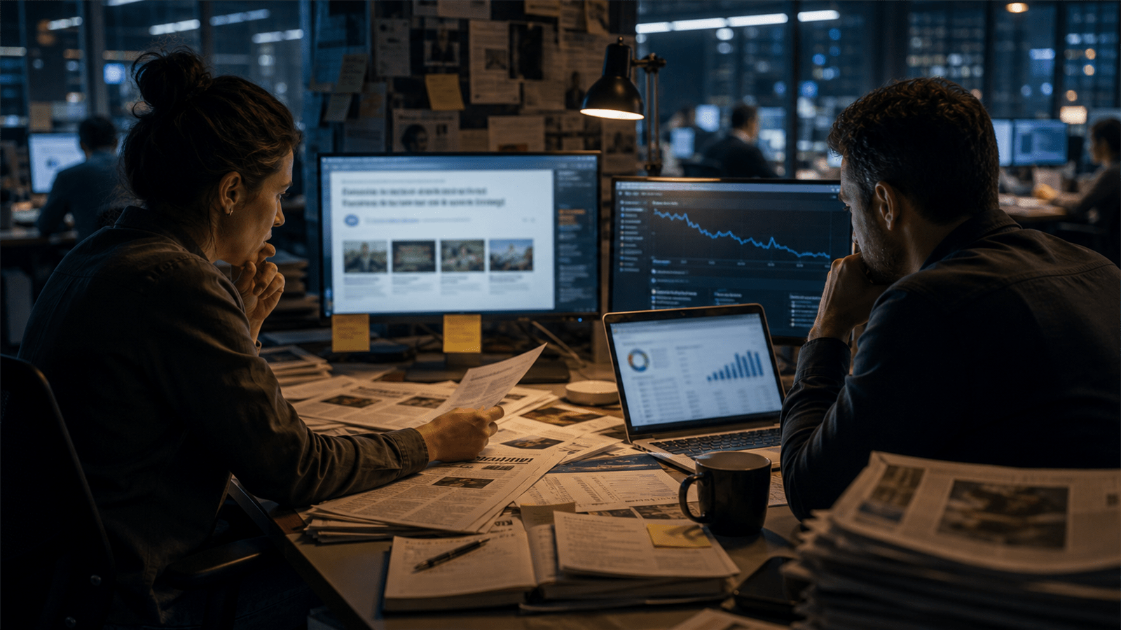 Photoreal editorial image about AI discovery pressuring publisher economics