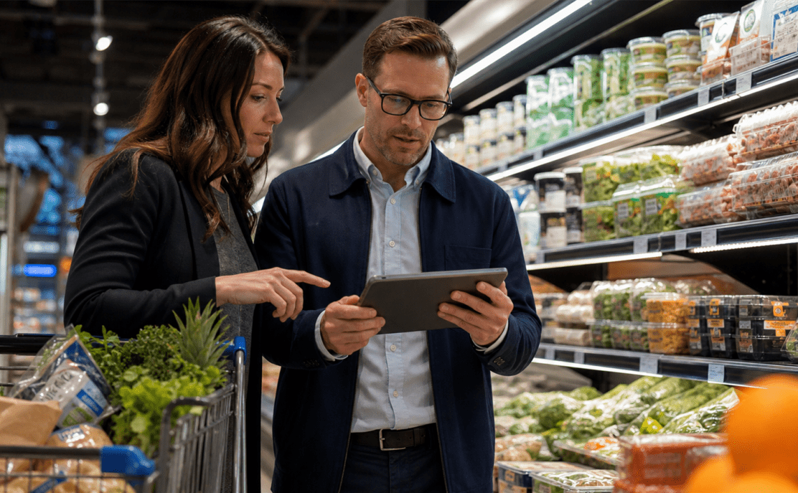 Photoreal editorial image about grocery retail media inside AI search