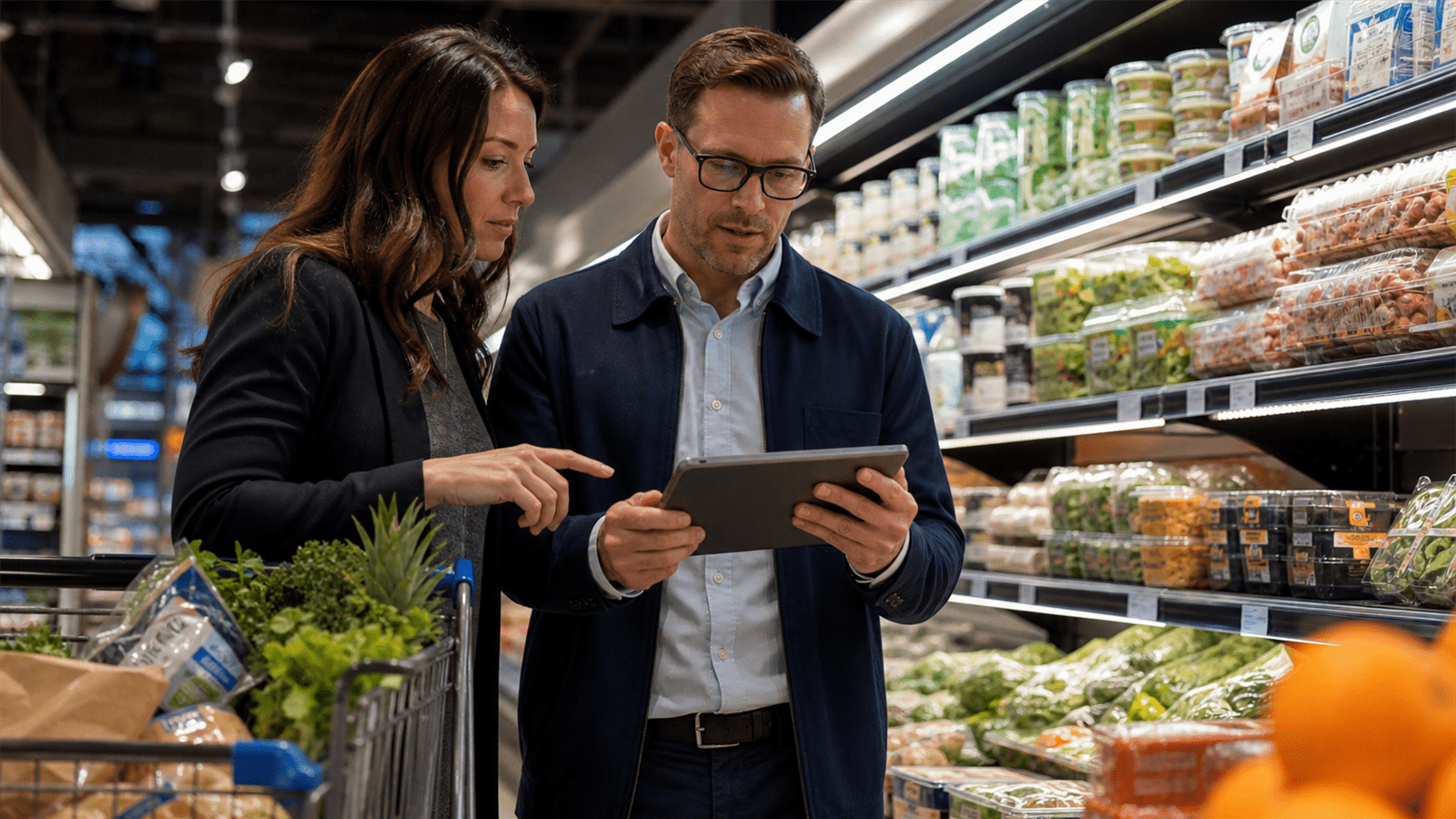 Photoreal editorial image about grocery retail media inside AI search