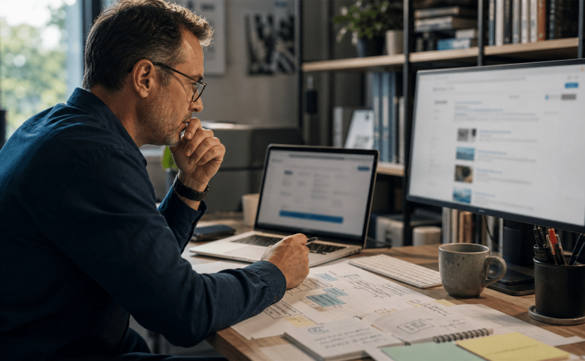Photoreal editorial image about B2B brands missing AI search visibility