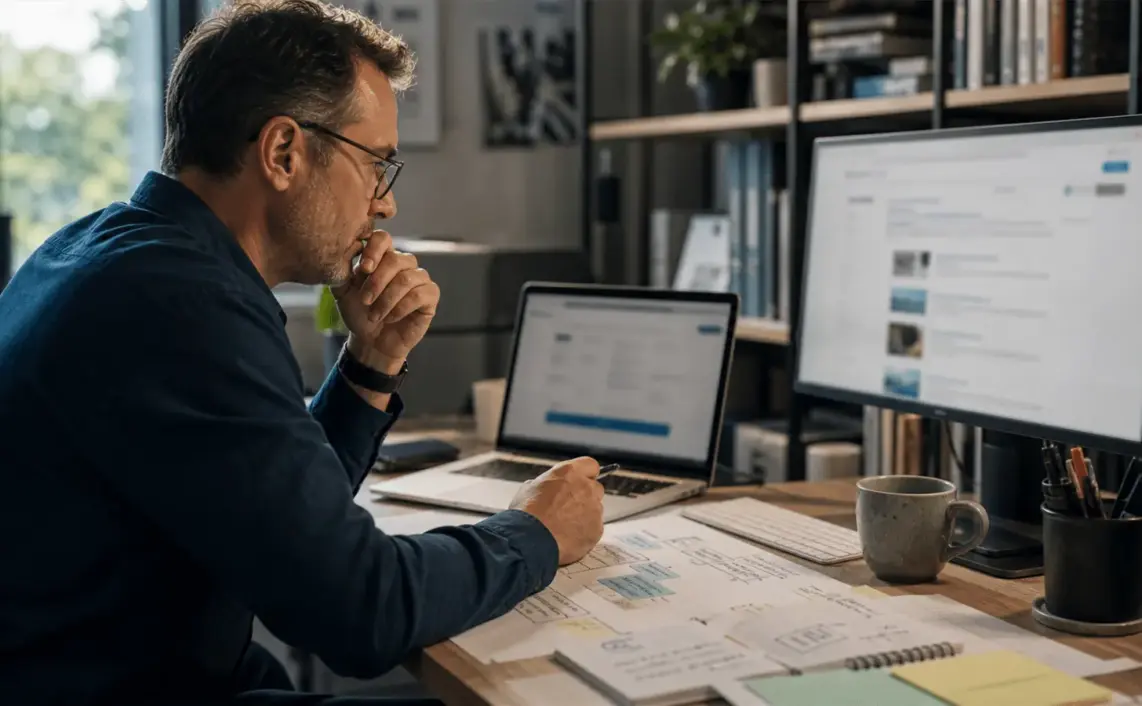 Photoreal editorial image about B2B brands missing AI search visibility