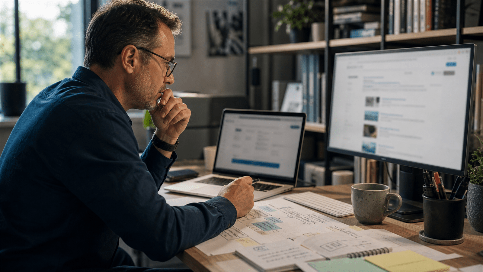 Photoreal editorial image about B2B brands missing AI search visibility