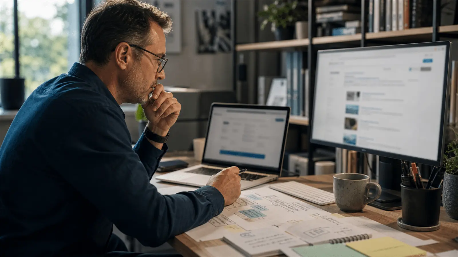 Photoreal editorial image about B2B brands missing AI search visibility