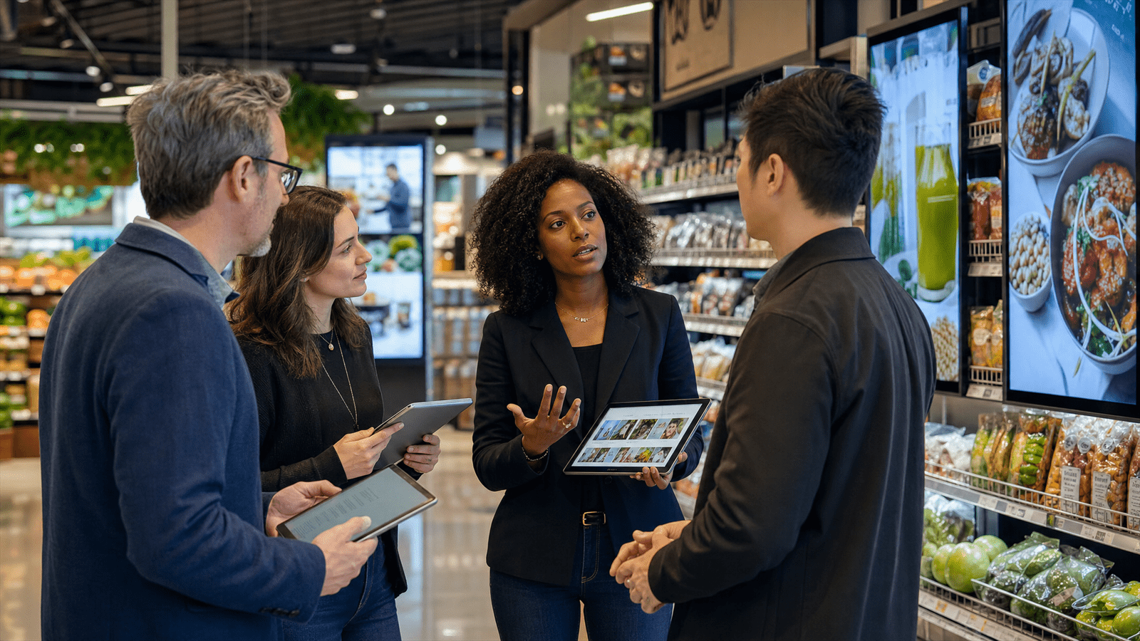 Photo-real editorial scene about retail media becoming branded entertainment in store