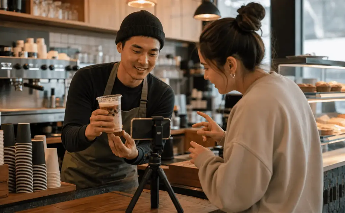 Photoreal editorial image about employee-generated TikTok content in retail