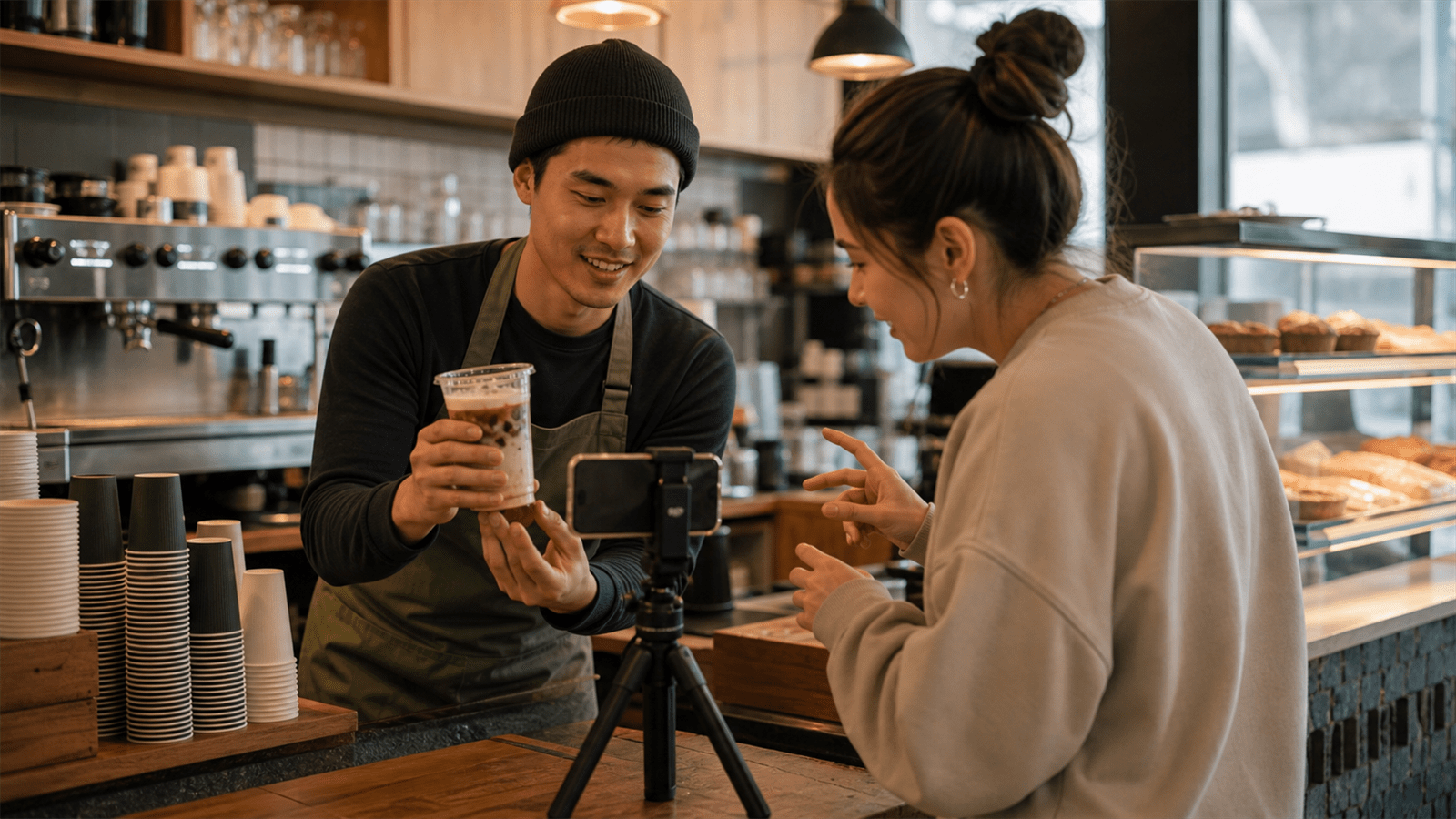 Photoreal editorial image about employee-generated TikTok content in retail