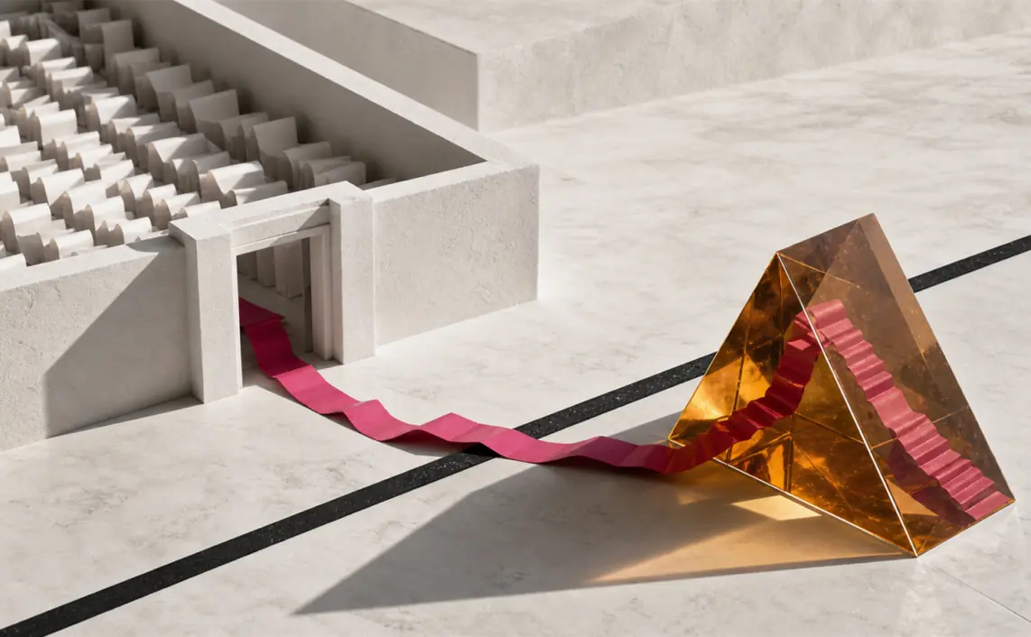 A magenta paper trail leaves a secure archive and passes through an amber indexing prism.