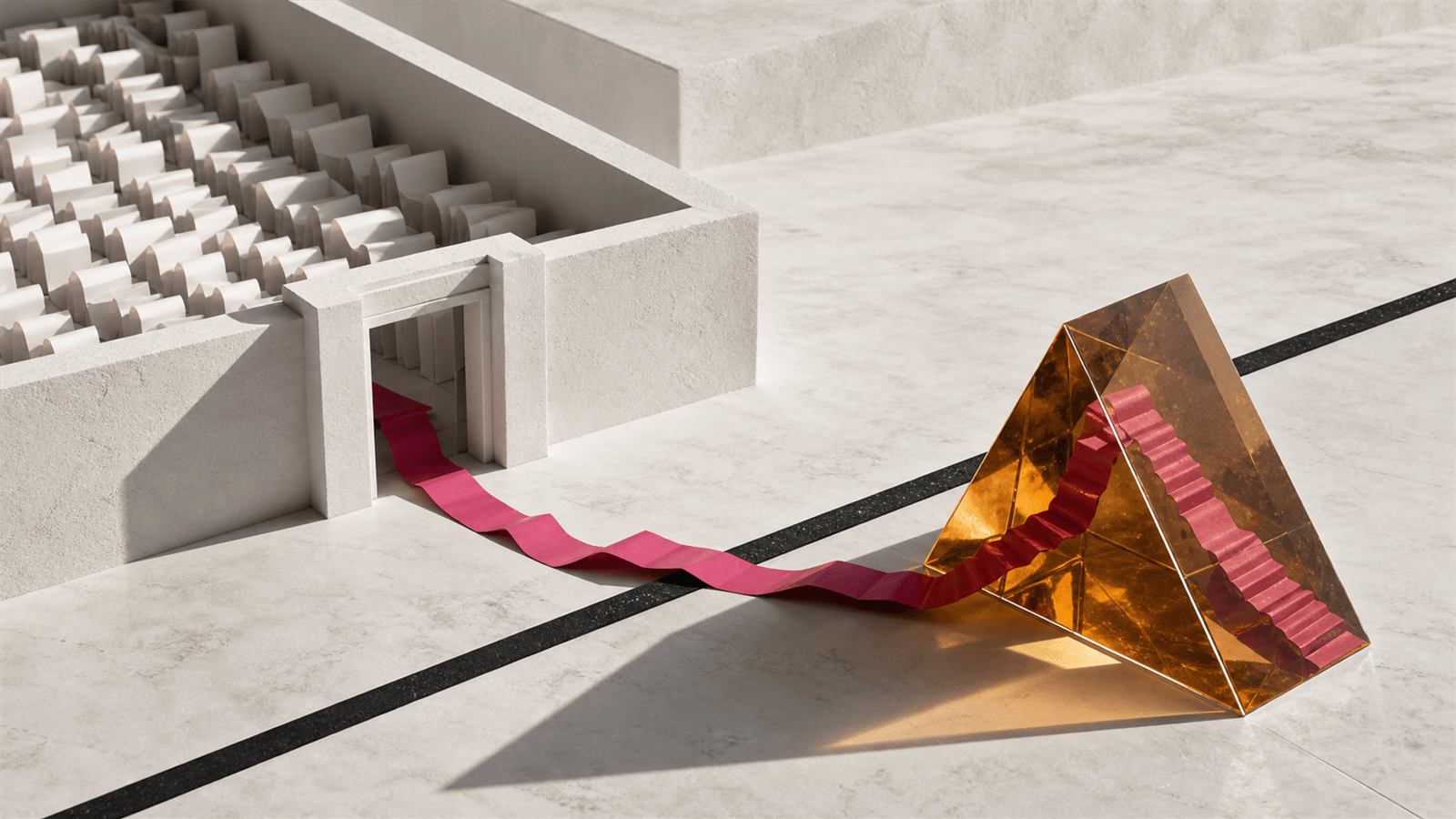 A magenta paper trail leaves a secure archive and passes through an amber indexing prism.