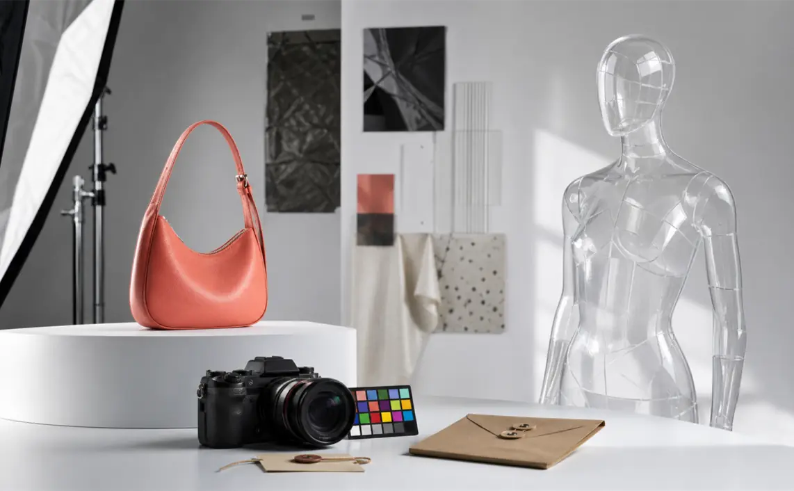 Product photography set with a real handbag, camera evidence and a transparent synthetic mannequin