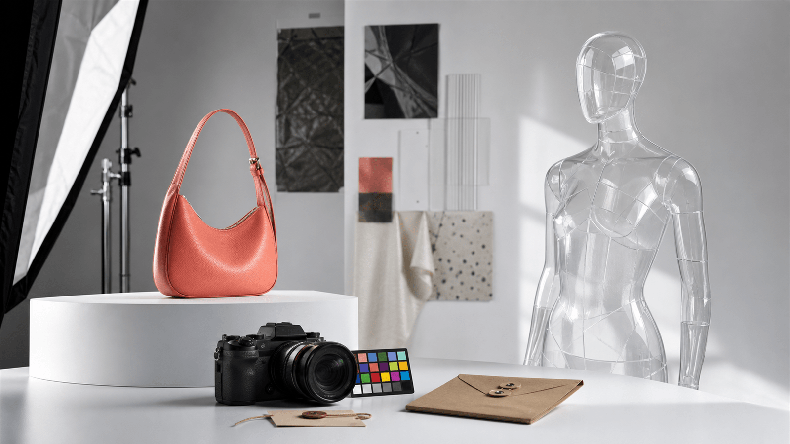 Product photography set with a real handbag, camera evidence and a transparent synthetic mannequin