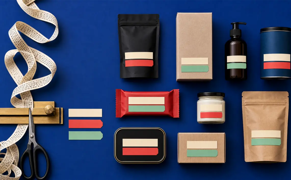 An editorial product label system separates a concise item name from a second strip of comparison attributes.