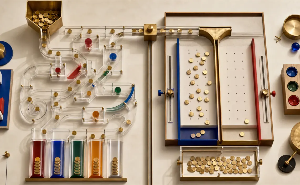 A physical experiment contrasts a multi-path attribution maze with exposed and control lanes.