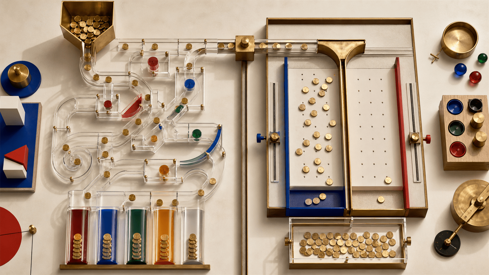 A physical experiment contrasts a multi-path attribution maze with exposed and control lanes.