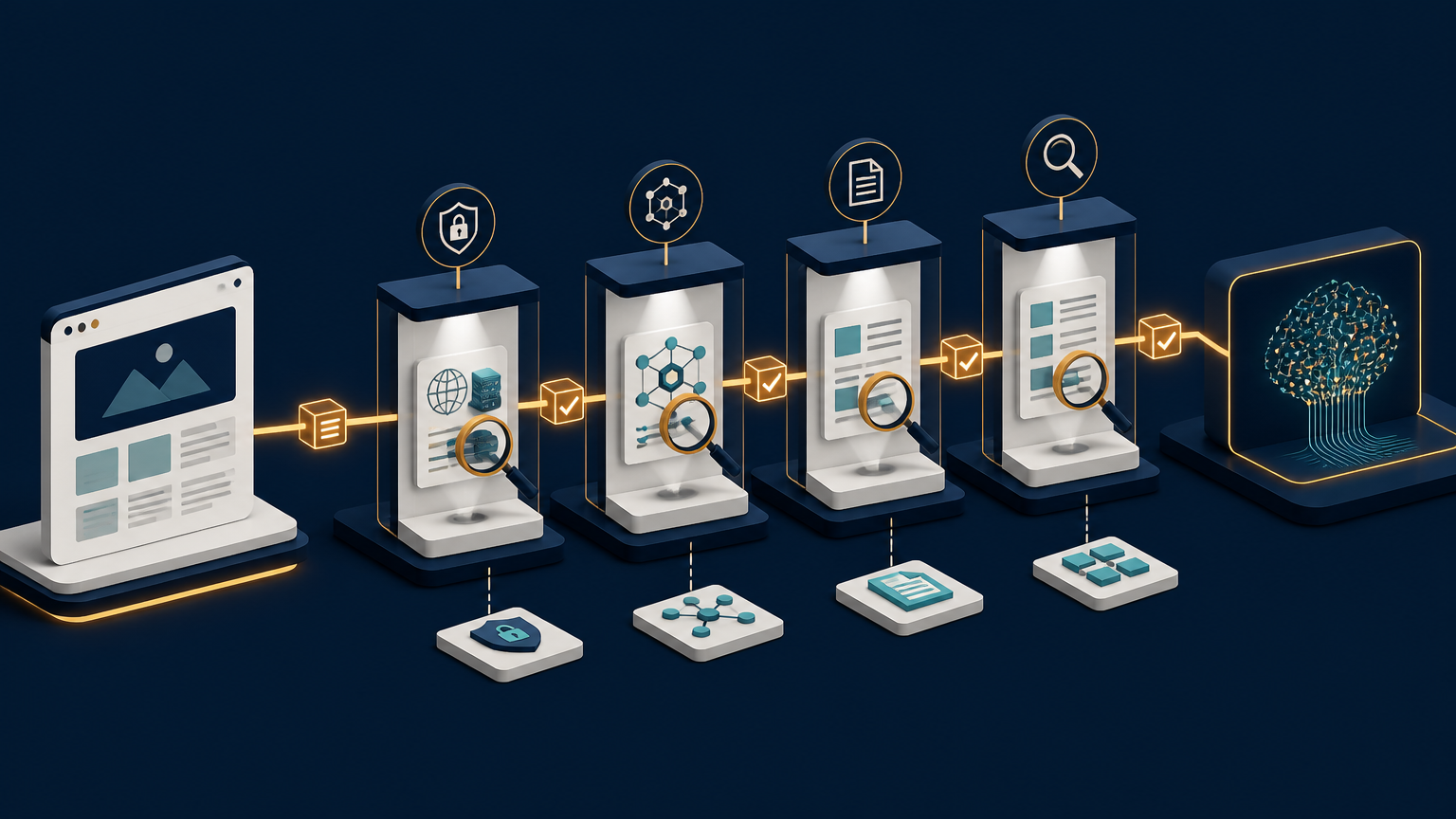 Isometric diagnostic pathway showing website content passing through access, entity, evidence, and observation checkpoints before reaching a separate AI answer panel.