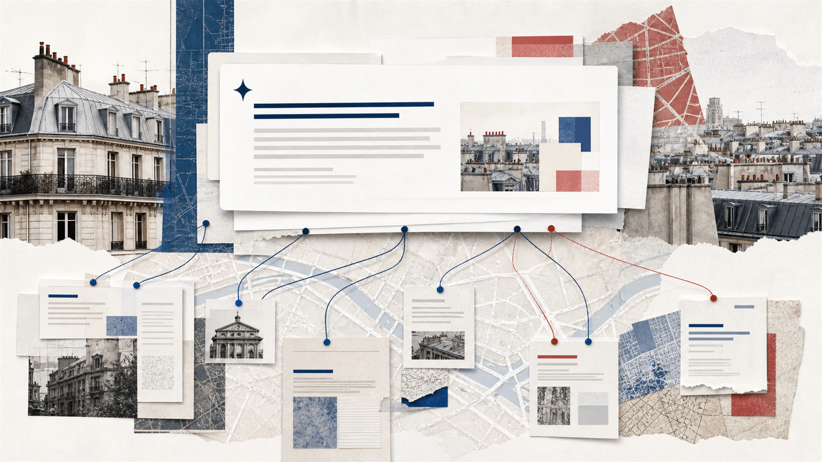 Layered French city information sources connected to an AI-generated answer panel