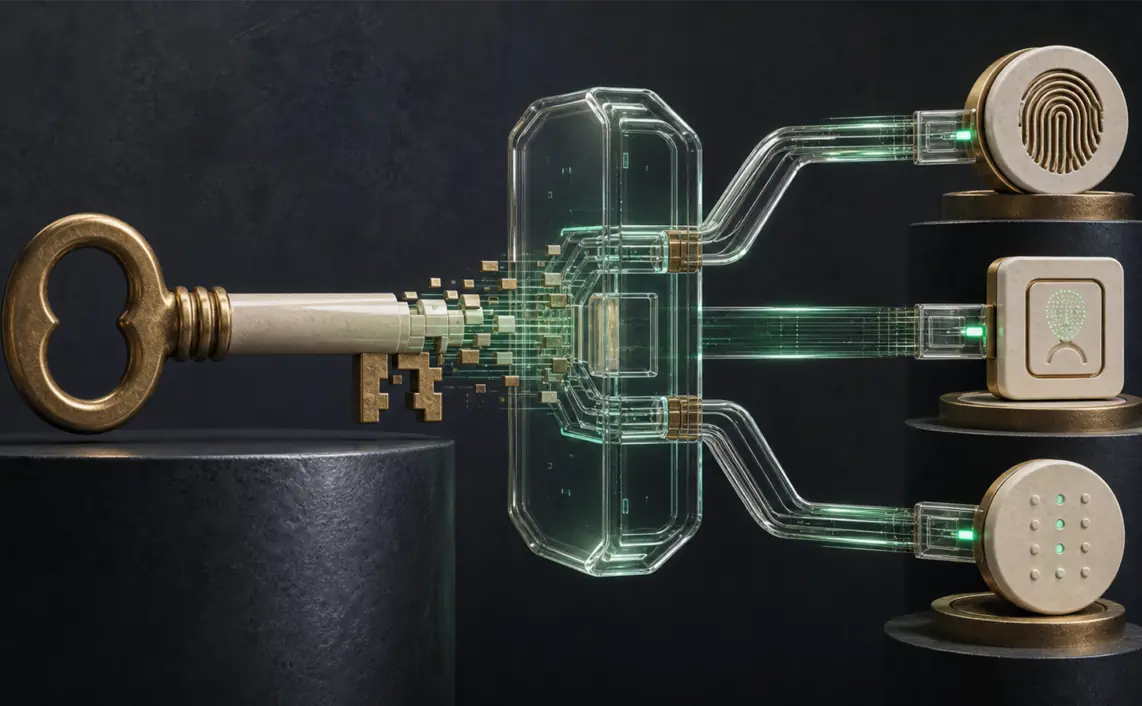 A physical key becomes three personal biometric credentials as it passes through a transparent API gateway.
