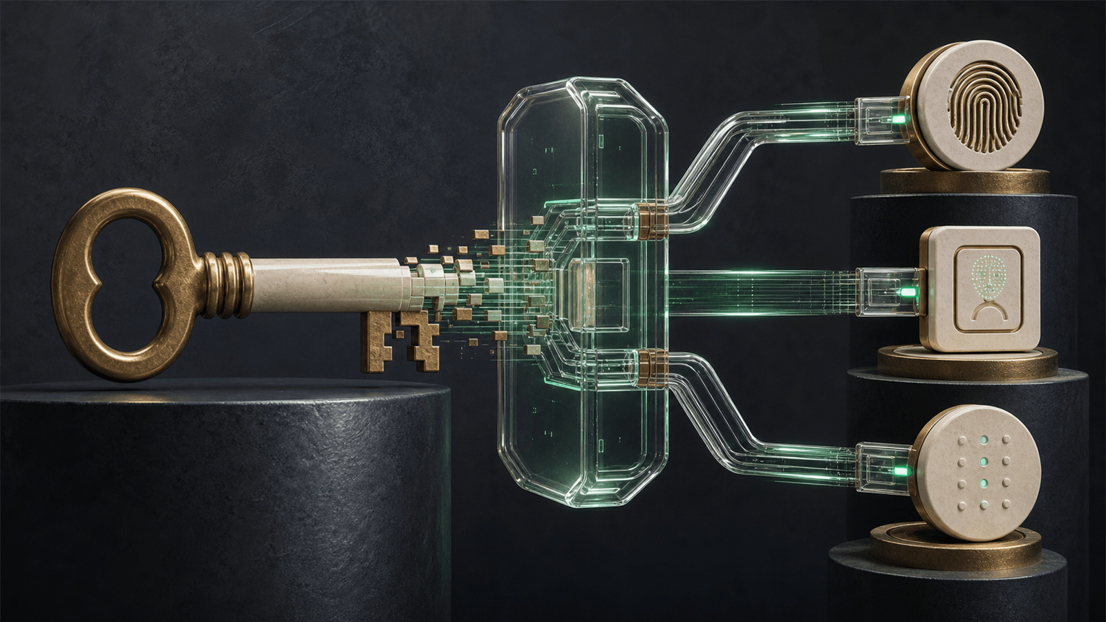 A physical key becomes three personal biometric credentials as it passes through a transparent API gateway.