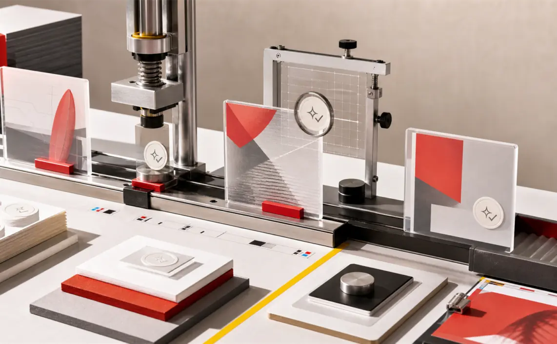 A studio labeling line applies disclosure seals to abstract advertising assets.