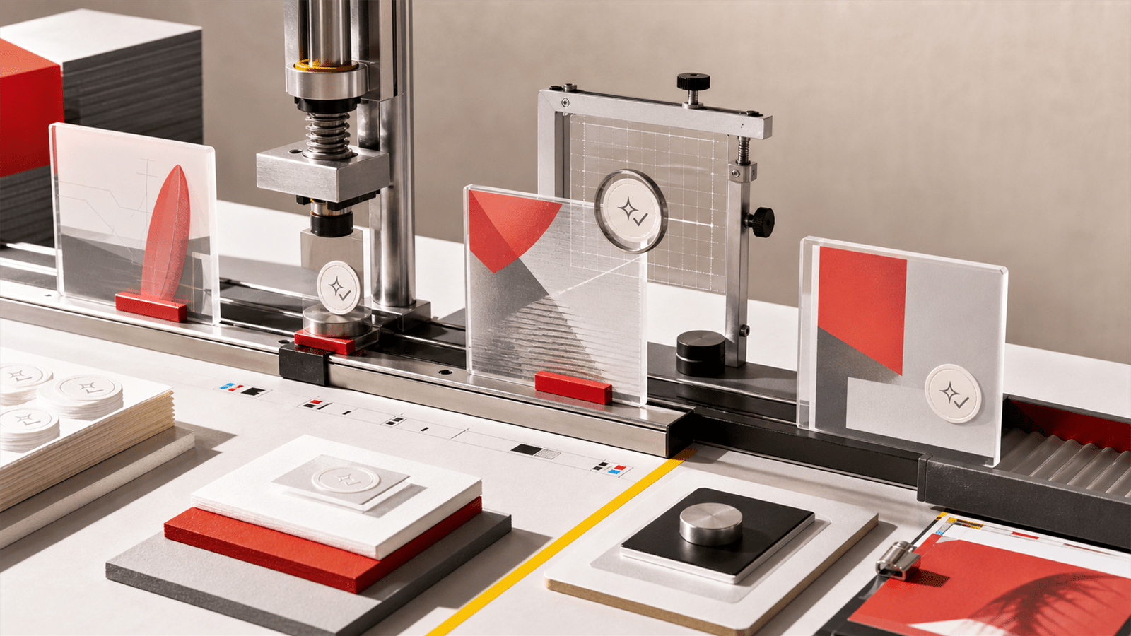 A studio labeling line applies disclosure seals to abstract advertising assets.