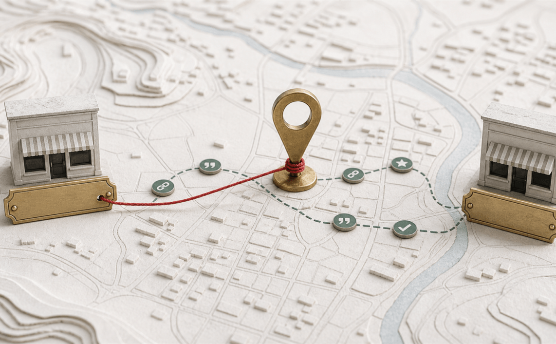 Two storefronts on a paper city map remain connected to an old brass location pin during a business move.