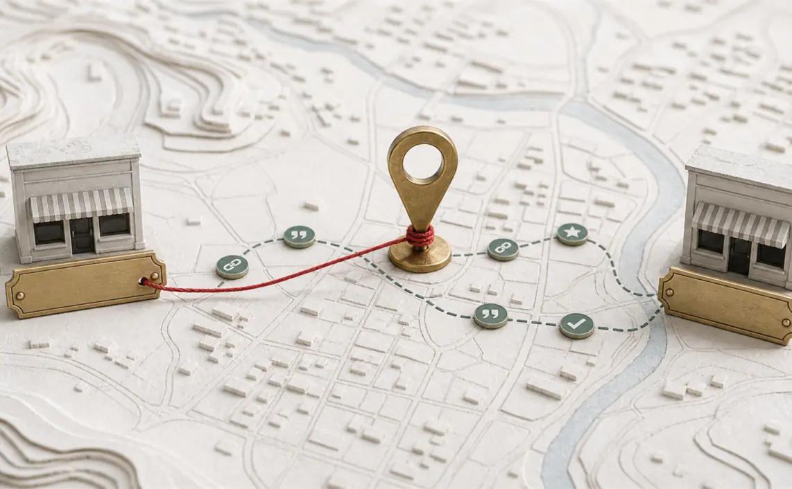 Two storefronts on a paper city map remain connected to an old brass location pin during a business move.