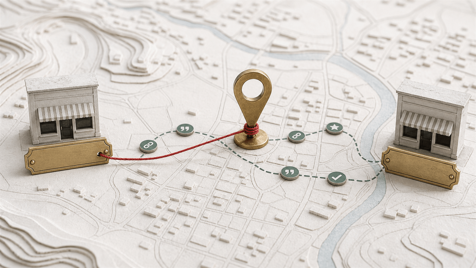 Two storefronts on a paper city map remain connected to an old brass location pin during a business move.