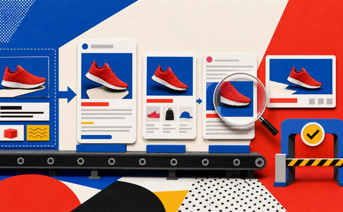 Modular advertising assets are assembled into several placements and inspected before passing an approval gate.