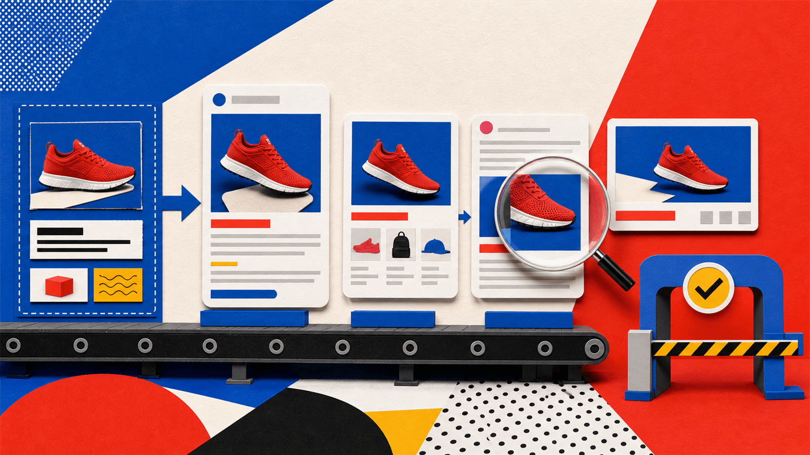Modular advertising assets are assembled into several placements and inspected before passing an approval gate.