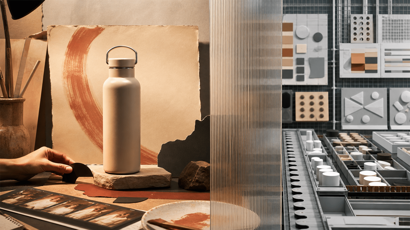 Human-made bottle photography separated from an orderly automated creative workshop