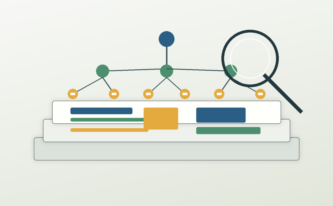 A layered website model exposes headings, links, buttons and image labels as a clean semantic tree.