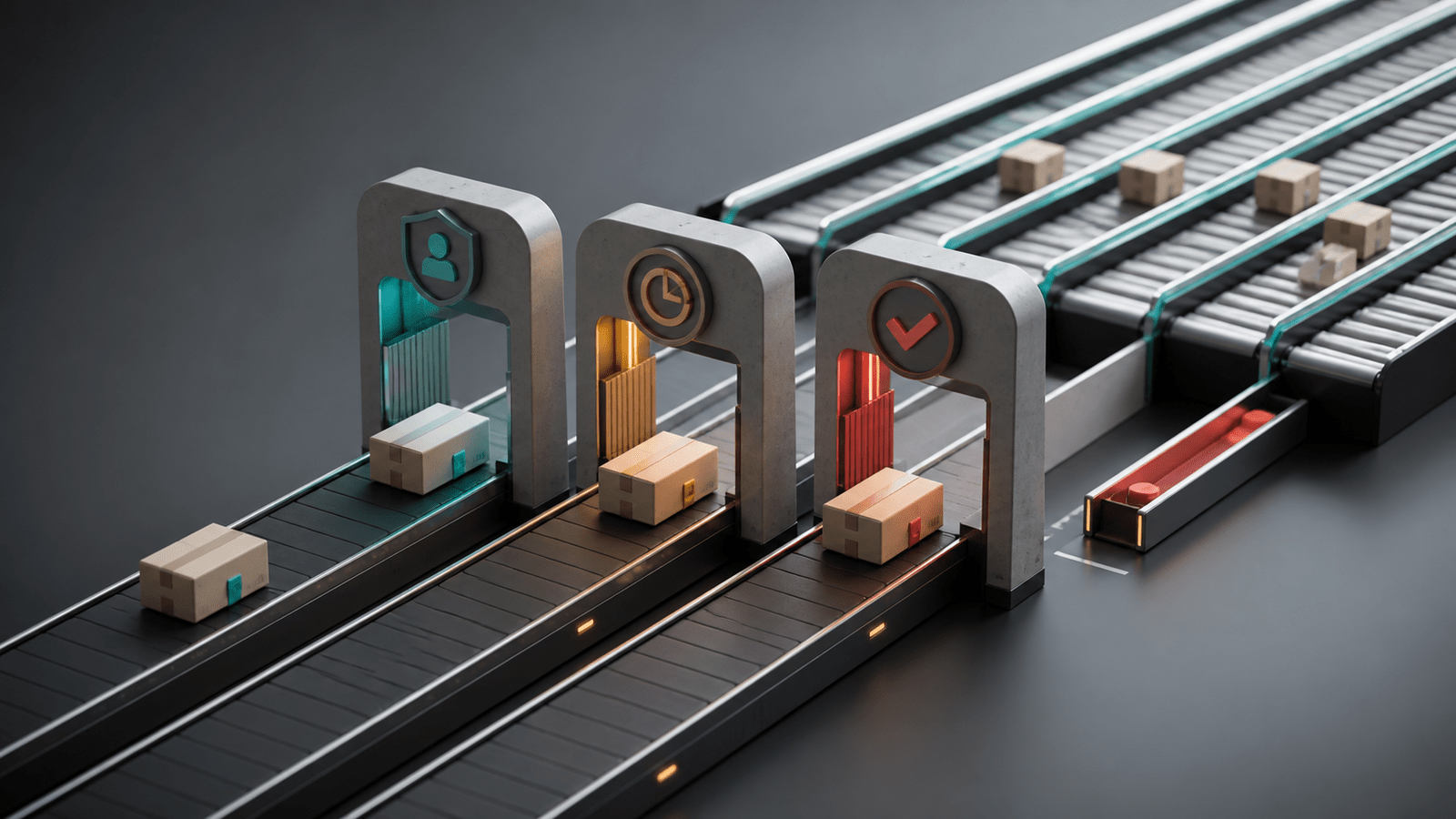 Small ad parcels move through identity, history and policy inspection gates before reaching open media lanes.