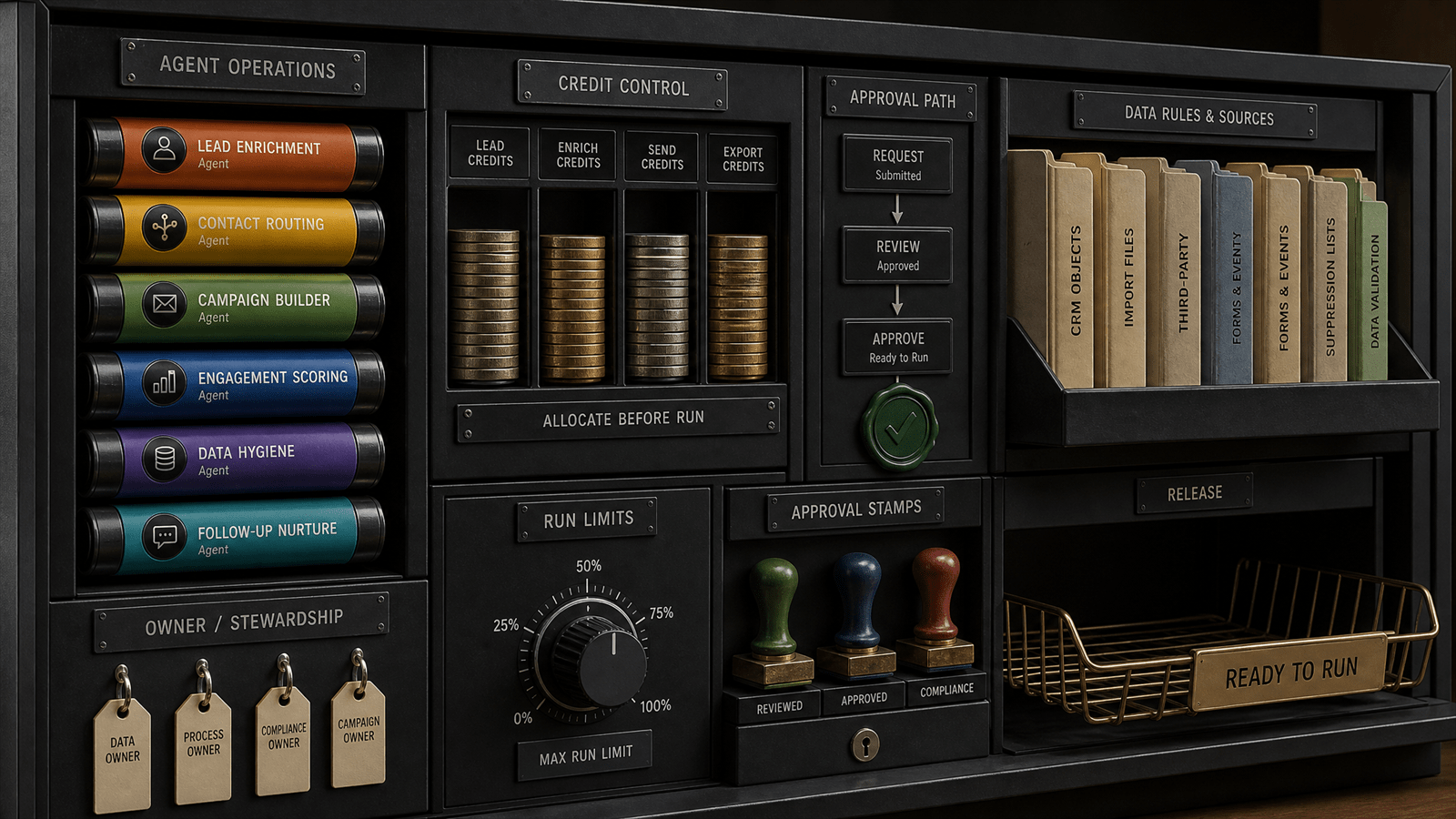 An agent operations cabinet organizes CRM task capsules, credit tokens, approval stamps and owner labels before AI workflows run.
