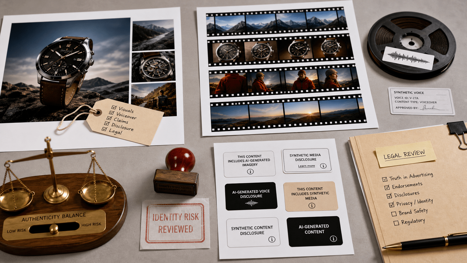A creative approval bench sorts synthetic media proofs through authenticity, identity and consumer-risk disclosure stamps.