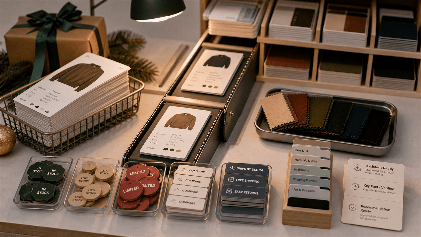 A product-data packing station arranges catalog cards, availability tokens and AI-assistant routing labels for commerce readiness.