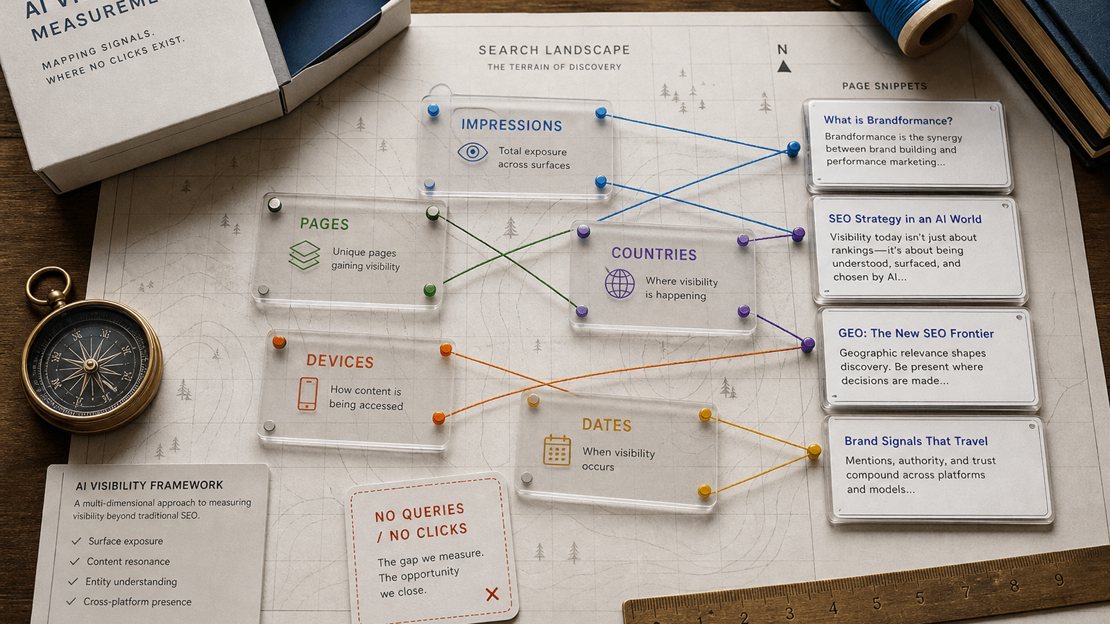 Transparent metric cards for impressions, pages, countries, devices, and dates connected on a tabletop map with a no queries no clicks marker.