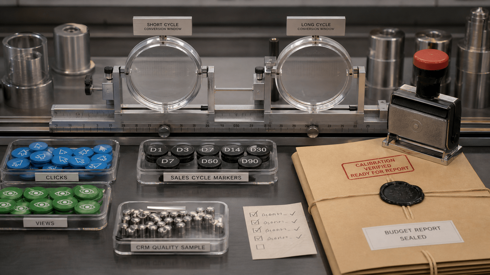 A measurement calibration bench aligns short and long conversion-window lenses with sales-cycle markers before marketing budget reports are approved.