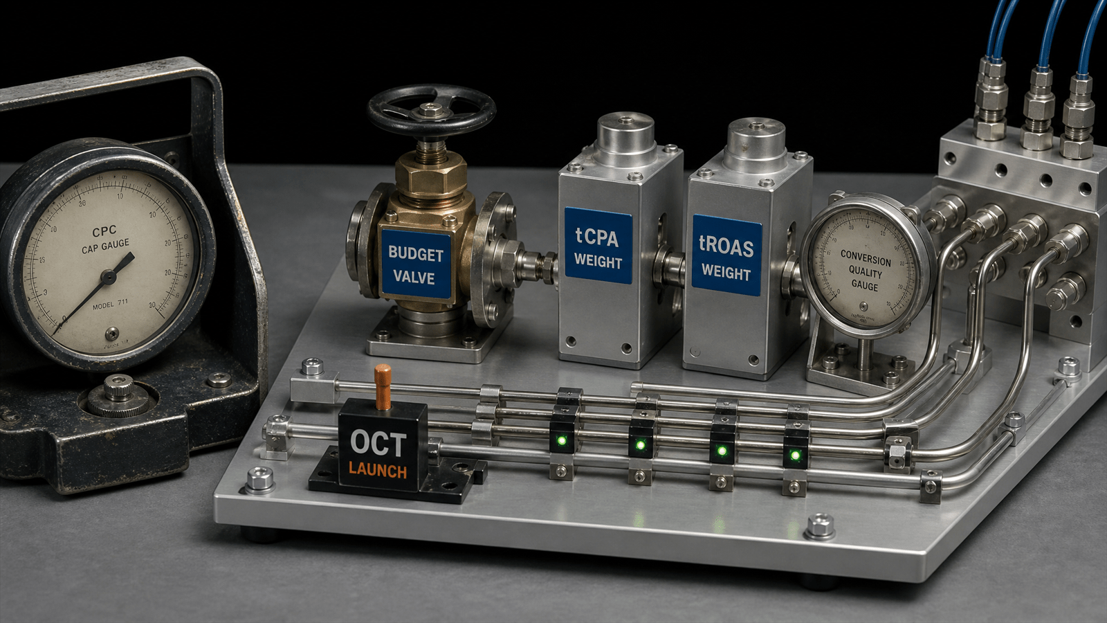 A bidding control bench replaces an old CPC cap with budget valves, target weights and conversion-quality gauges.