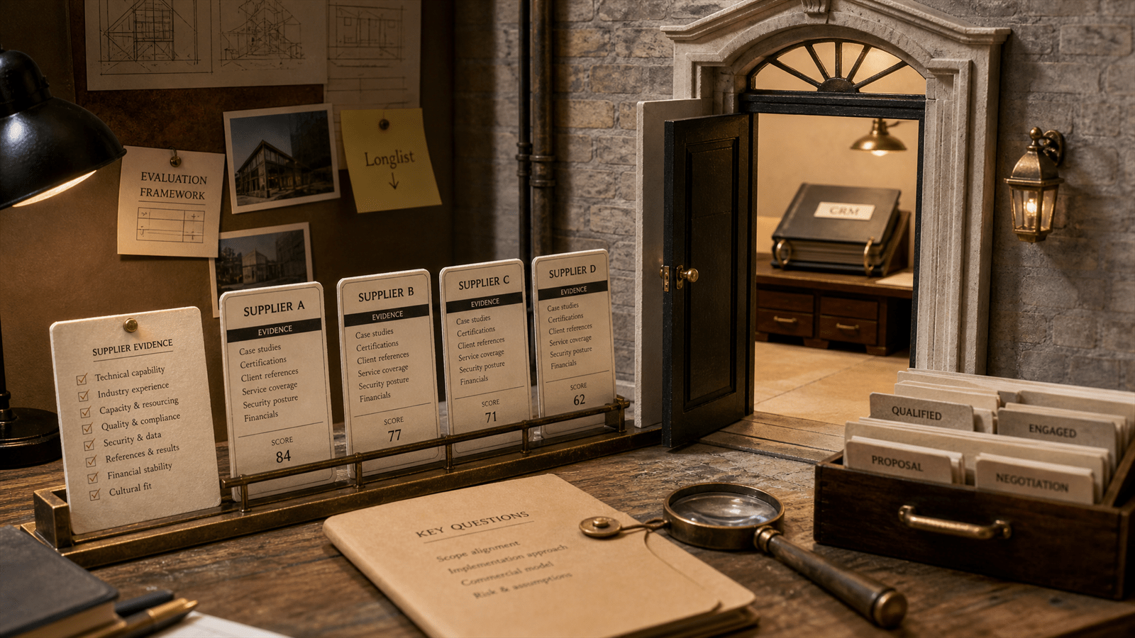 A B2B search evidence room shows decision cards forming a supplier shortlist before a website doorway opens.