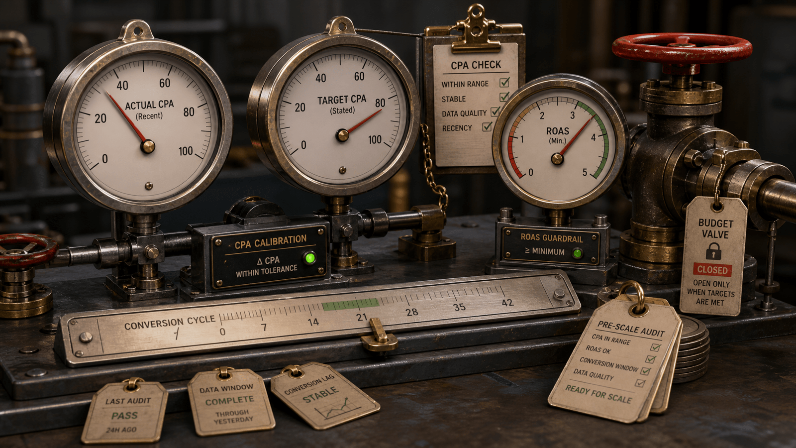 A bid-target calibration bench compares actual CPA and target CPA gauges before a paid media budget valve is opened.