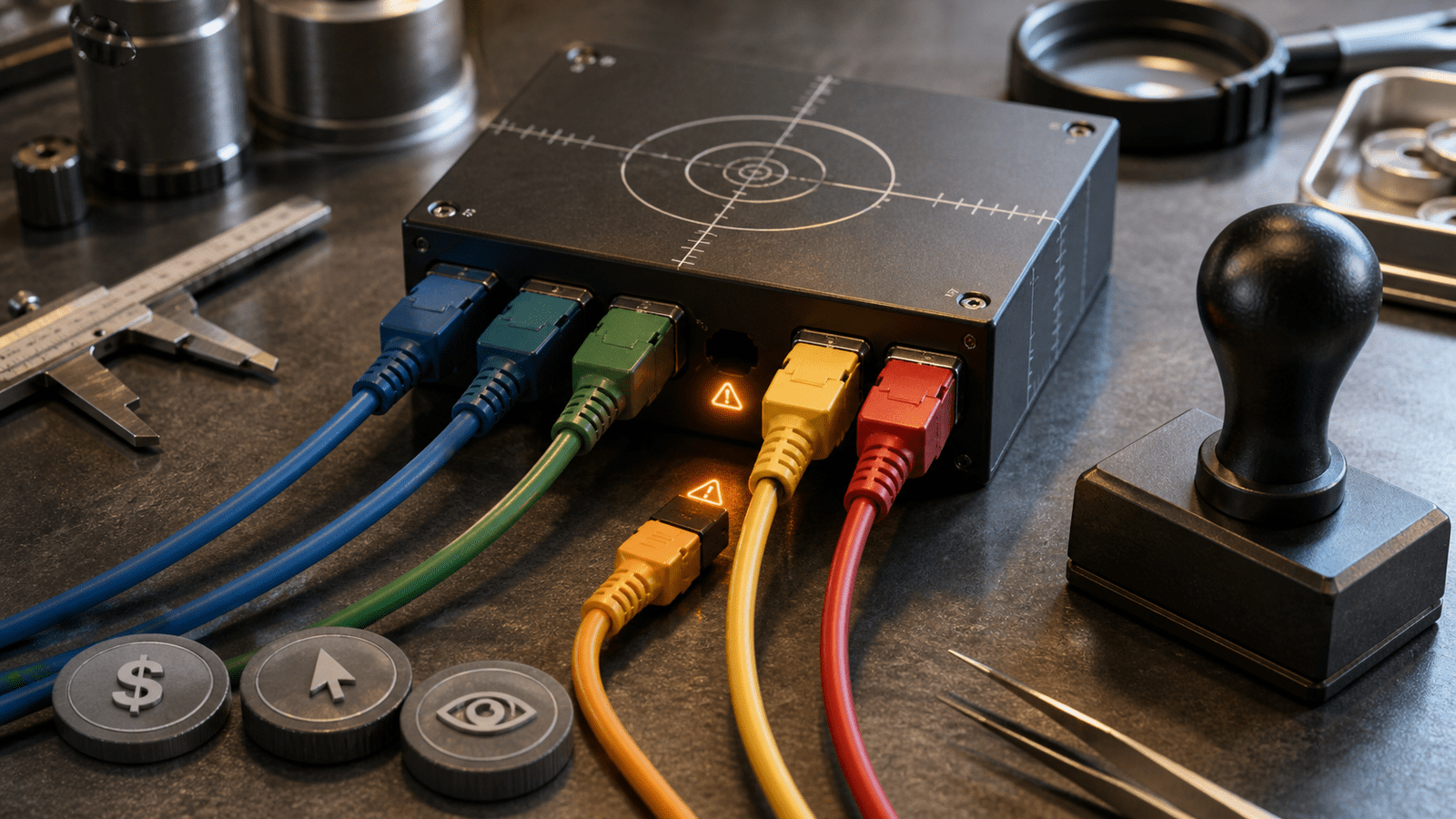 A measurement lab still life with data cables entering a calibration block that flags a missing campaign metric.