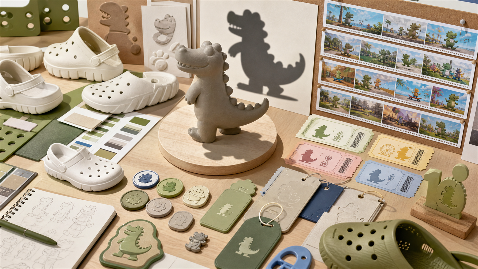 An unbranded character IP workshop turns a playful crocodile-like silhouette into social content, product tags and experience pieces for a retail brand platform.