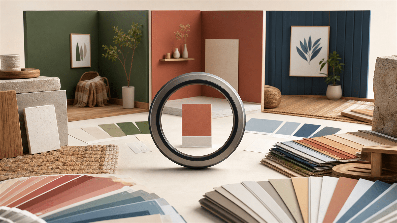A color confidence atelier arranges paint swatches, room samples and a calibrated selection lens into one confident final color choice.