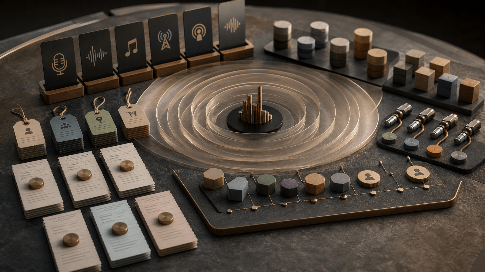 Layered sound-wave rings, podcast cue cards and attribution receipts organize audio exposure and outcome evidence.