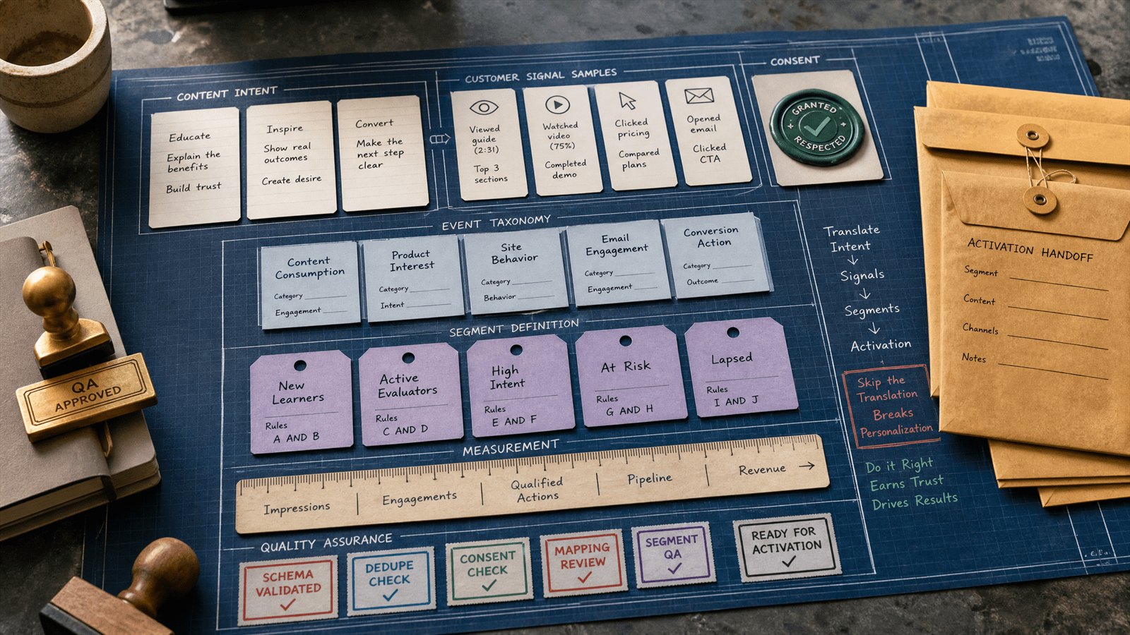 A content and data signal-contract blueprint links editorial intent cards, customer-signal samples, consent seal, segment tags and activation envelopes.