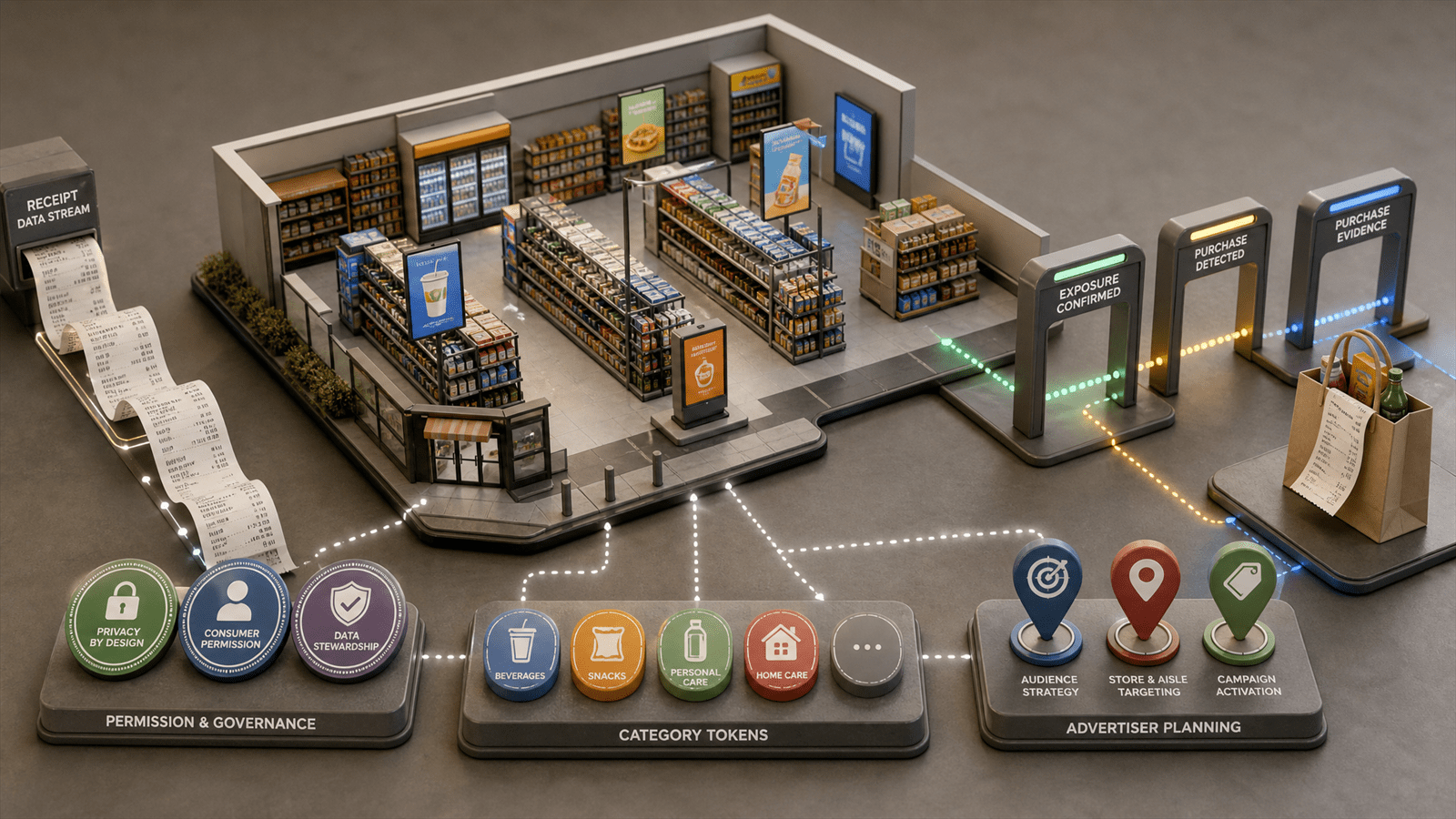A miniature convenience-store retail media network links shelf aisles, purchase receipts, permission seals and advertiser planning tokens.