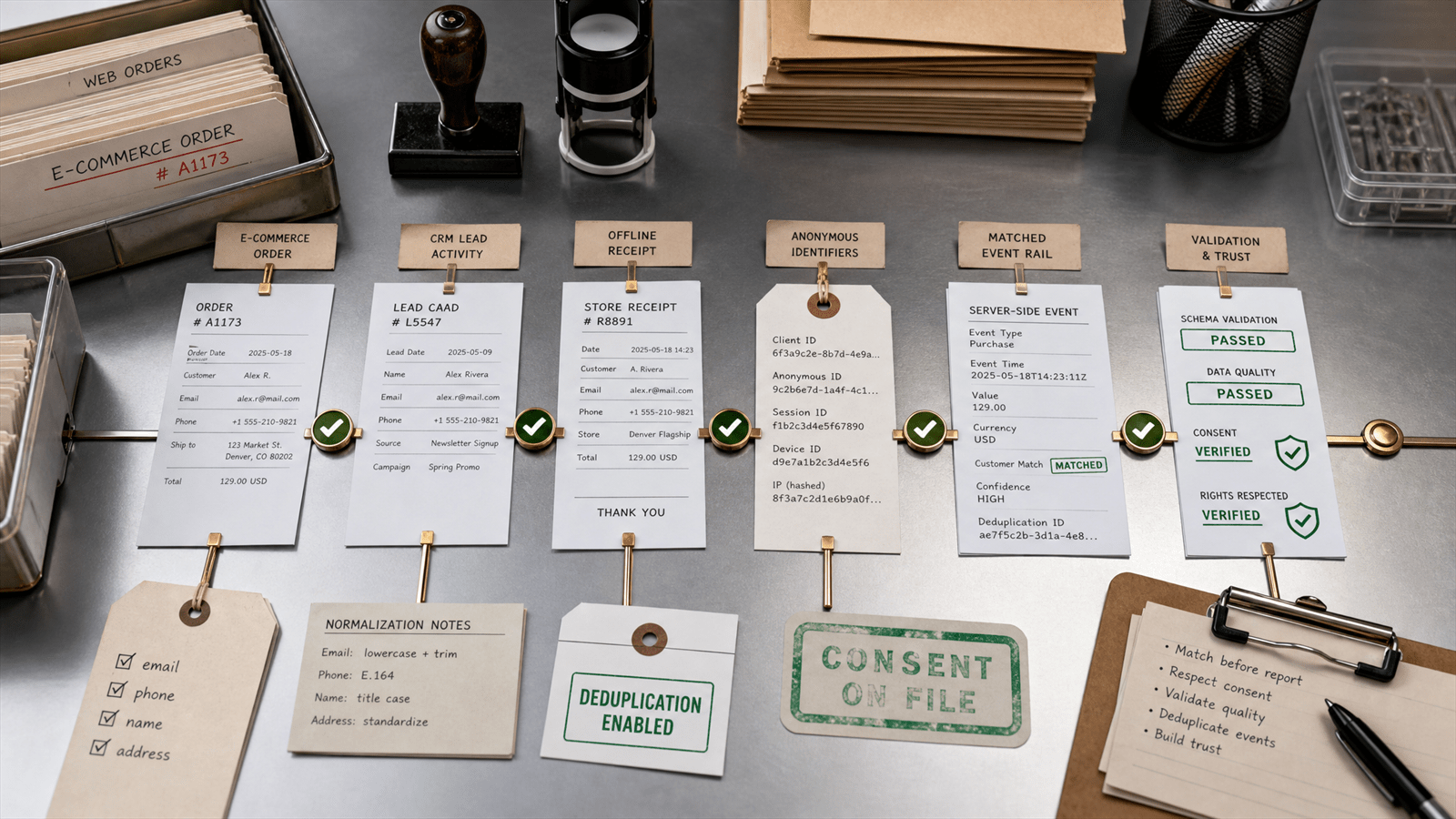 A conversion-signal matching workshop aligns ecommerce orders, CRM forms and offline receipts into one deduplicated server-side event rail.
