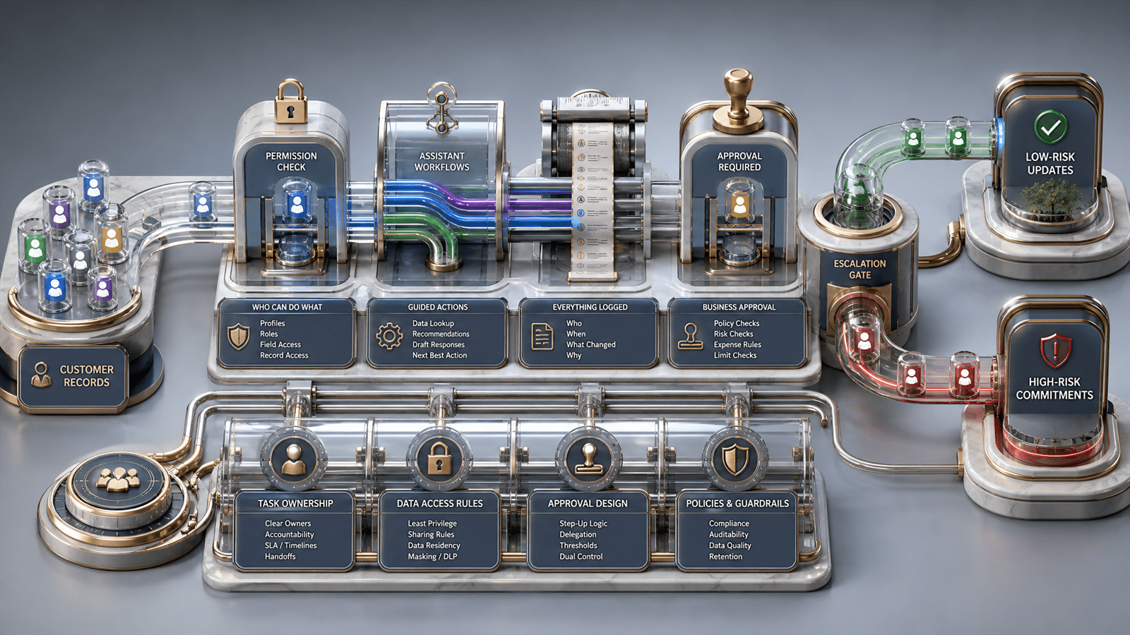 A governed CRM switchboard routes customer-record capsules through permission locks, assistant workflow tubes and approval stamps.