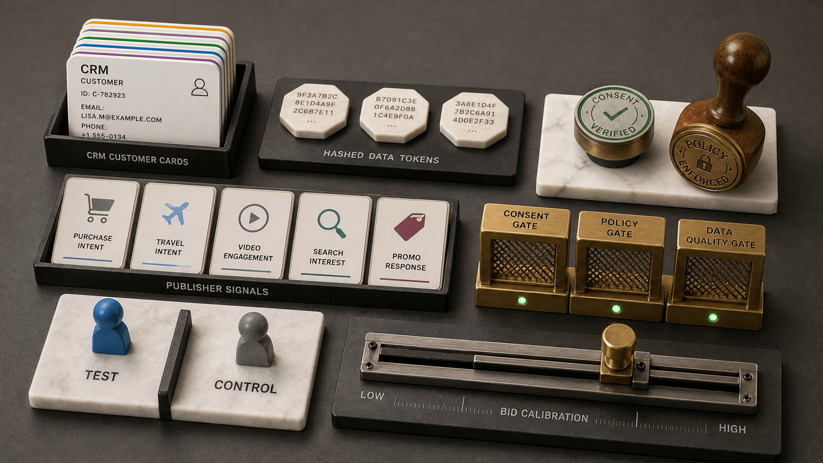 A Customer Match workbench aligns CRM cards, consent tags and publisher-signal tiles before unlocking audience reach.